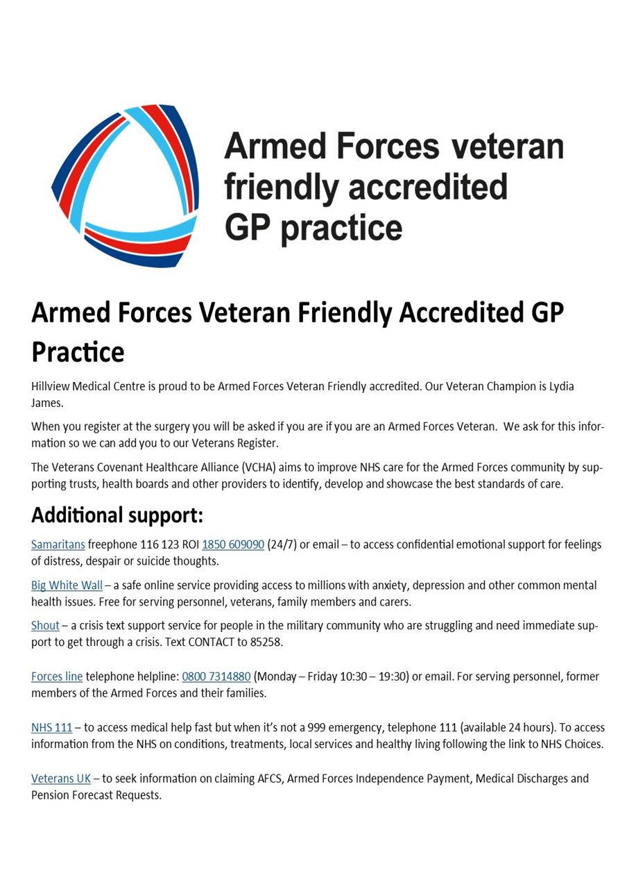 Armed Forces veteran friendly accredited GP practice